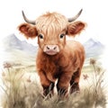 Adorable Baby Highland Cow Standing in the Scottish Hills AI Generated Royalty Free Stock Photo