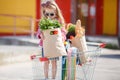 A little girl with a big trolley buys fresh food and vegetables in a big supermarket in the summer alone. Royalty Free Stock Photo