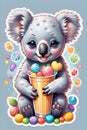 An adorable baby koala with the candies in cute pose, colorful, stunning, animal creatures, cute stickers