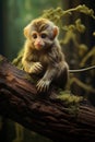 Adorable baby monkey sitting on a branch in the forest, monkeys and primates photo