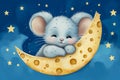 Adorable baby mouse, peacefully asleep on a cheese moon, surrounded by twinkling stars set against a soft blue backdrop Royalty Free Stock Photo