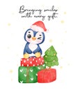 Adorable baby penguin sits on a stack of wrapped present boxes, bringing joy and festive cheer. Perfect for Christmas cards and