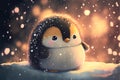 An adorable baby penguin sits in the winter snow during sunset. Generative AI