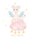 Adorable baby pink dragon standing on fluffy cloud sweet dragon watercolour, whimsical children animal nursery illustration