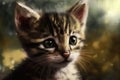 Adorable baby portrait of a tabby kitten. Feline face and whiskers on a cat. Cute kitty.