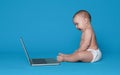 Adorable baby sitting on floor and looking at laptop screen Royalty Free Stock Photo