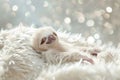 An adorable baby sloth blissfully asleep on a soft faux fur surface