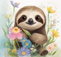 Adorable Baby Sloth Embraced by Spring Flowers: A Heartwarming Nature Scene.