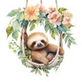 Adorable Baby Sloth Hanging Upside Down Among Tropical Blooms on White Background AI Generated Royalty Free Stock Photo