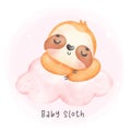 Adorable baby sloth sleeping on cloud cartoon watercolor nursery Illustration Royalty Free Stock Photo