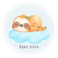 Adorable baby sloth sleeping on cloud cartoon watercolor nursery Illustration Royalty Free Stock Photo