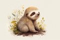 Adorable baby sloth in watercolor illustration