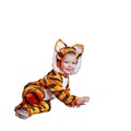 Adorable baby in tiger costume playing smiling acting isolated on white with blank space