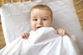 Adorable baby under blanket in wooden crib, closeup Royalty Free Stock Photo