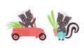 Adorable Badger Activities Set, Cute Baby Animal Character Riding Car and Holding Flowerpot with Plant Cartoon Vector
