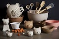 adorable baking tools and equipment in shapes of animals, such as a bear with mixing bowls and whisks