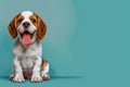 Adorable Beagle Puppy Sitting on Solid Teal Background with Copy Space Perfect for Pet Lovers and Animal Themes