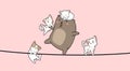 Adorable bear and 4 cats cartoon on the rope