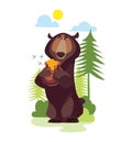 Adorable bear holding a honey pot, accompanied by bees in lush green forest. Child-friendly vector cartoon illustration Royalty Free Stock Photo