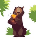 Adorable bear holding a honey pot, accompanied by bees in a lush green forest Royalty Free Stock Photo