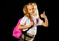 Adorable beautiful little schoolgirl with big pink schoolbag feeling excited and happy being back to school isolated on white