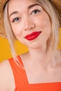 Adorable beautiful woman portrait. Blue eyesed blonde beauty. Vertical composition. Big lips