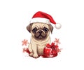 Adorable beige puppy Pug in a santas cap. Vector illustration design