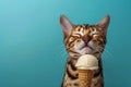 Adorable Bengal Cat Smiling with Eyes Closed Holding Vanilla Ice Cream Cone on Turquoise Background