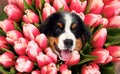 Adorable Bernese Mountain Dog puppy surrounded by beautiful tulips. Spring mood Royalty Free Stock Photo