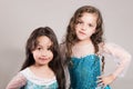 Adorable big and little sister wearing matcing blue dresses posing together happily, studio background Royalty Free Stock Photo