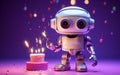 Adorable Birthday Robot with Neon Cake on Dark Background, Generative Ai