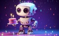Adorable Birthday Robot with Neon Cake on Dark Background, Generative Ai