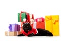 adorable black british shorthair cat in christmas vest and hat near gift boxes