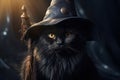 Adorable black cat wearing a witch's hat with a bright yellow glow in its eyes. Ai-generated. Royalty Free Stock Photo