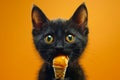 Adorable Black Kitten Enjoying a Tasty Cone Ice Cream Against a Bright Orange Background Cute Pet Photography