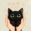 Adorable black kitten in hands surrounded by hearts in cute artwork Royalty Free Stock Photo