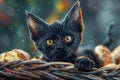 Adorable Black Kitten with Stunning Yellow Eyes Peering Out of Wicker Basket Amidst Autumn Setting