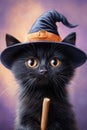 Adorable black kitten wearing witch hat with broomstick in magical setting Royalty Free Stock Photo