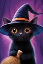 Adorable black kitten wearing witch hat with broomstick in magical setting Royalty Free Stock Photo
