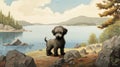 Adorable Black Poodle Puppy Illustration By A Lake