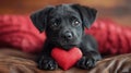 Adorable black puppy with glossy eyes holding a red heart, evoking warmth and loveÃ¢â¬âperfect for Valentine\'s Day themes