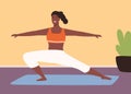 Adorable black skin woman practicing fitness on mat vector flat illustration. Athletic yoga girl demonstrate sports