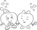 Cute black and white illustration of a heart couple, holding hands for Valentine`s Day card or children`s coloring book Royalty Free Stock Photo