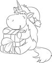 Adorable black and white illustration of a cute little unicorn holding and hugging a present, for children`s coloring book