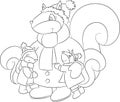 Adorable black and white illustration of a mother squirrel hugging her two children, in winter, for children`s coloring book