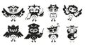 Adorable Black And White Owls Characters With Big, Round Eyes. Their Monochrome Feathers Add Charm, Vector Illustration