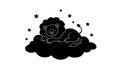 Cute Sleeping Lion on Cloud with Stars - Black and White Illustration Royalty Free Stock Photo