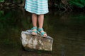 Adorable blond preschool girl playing in river Royalty Free Stock Photo