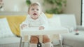 Adorable blonde baby smiling confident sitting on highchair at home Royalty Free Stock Photo