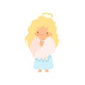 Adorable Blonde Girl Angel with Nimbus and Wings, Lovely Baby Cartoon Character in Cupid or Cherub Costume Vector